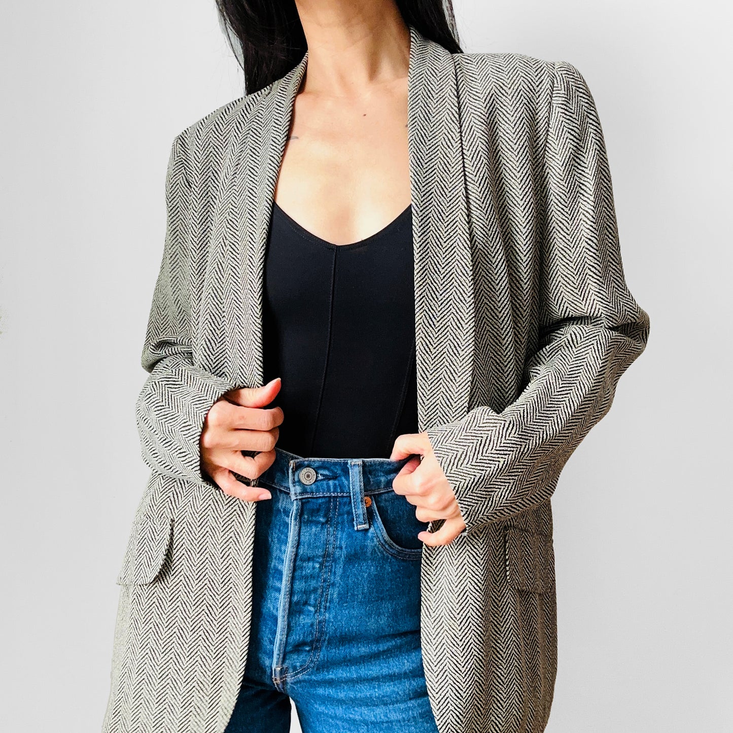 Y2K Emmelle NYC Black and Beige Herringbone Spring Blazer Jacket - S/M