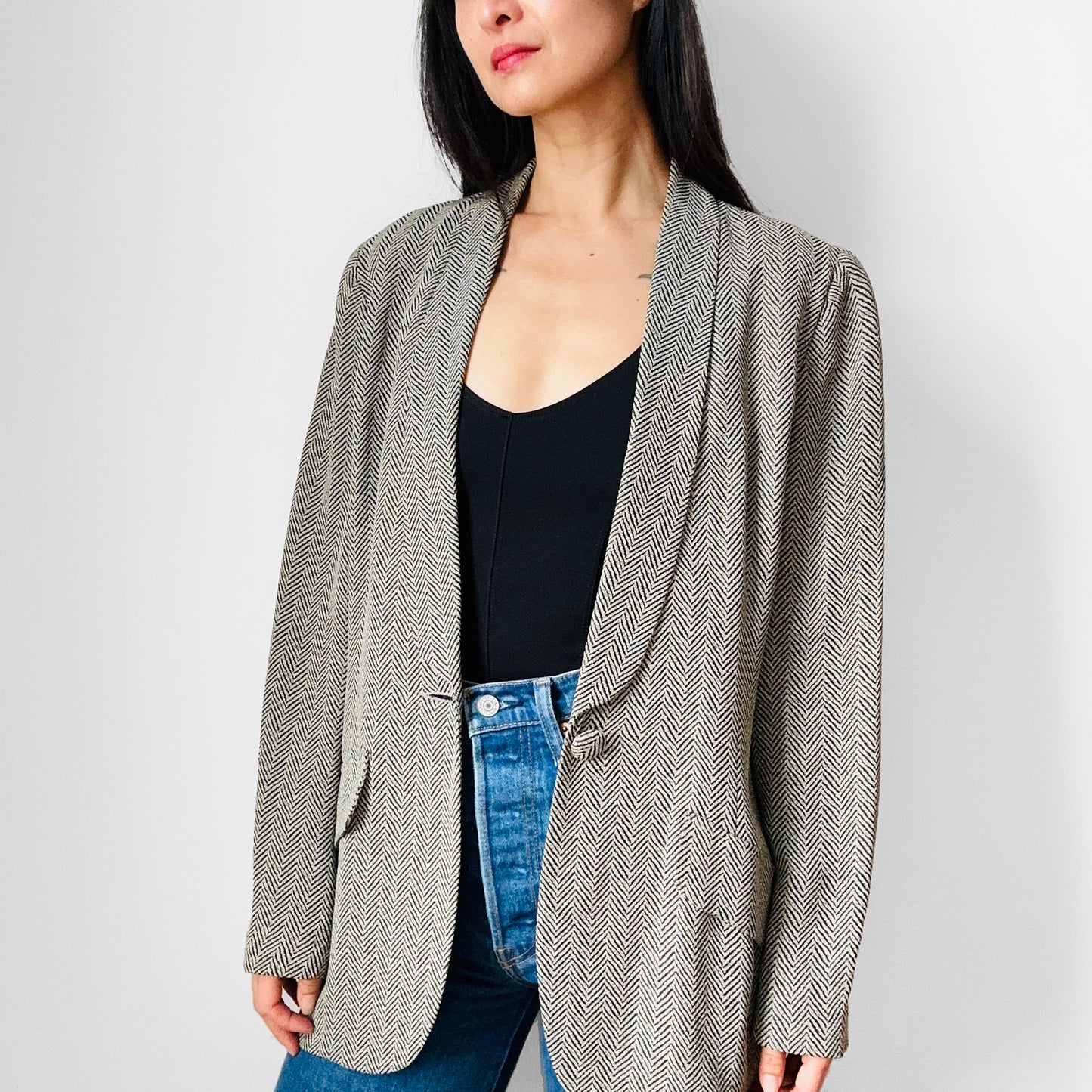 Y2K Emmelle NYC Black and Beige Herringbone Spring Blazer Jacket - S/M