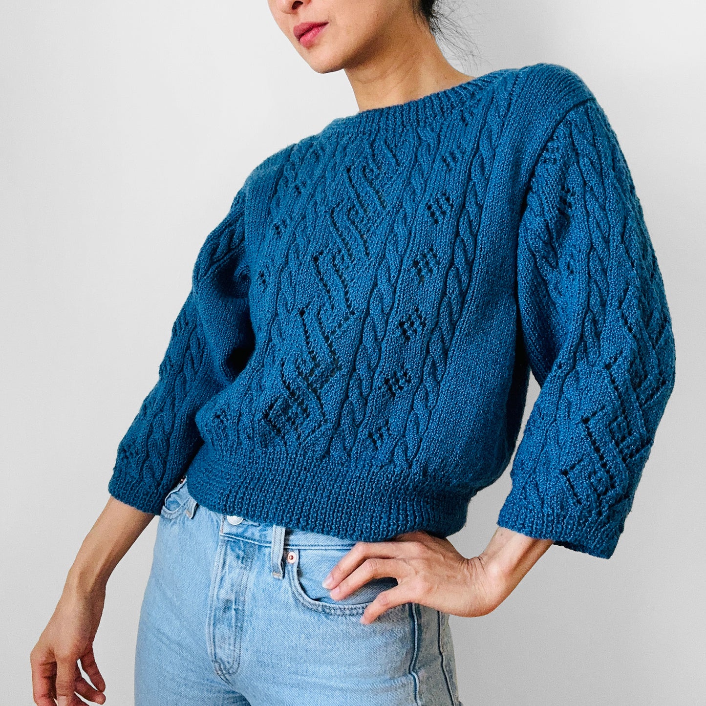 1980s Teal Blue Hand-Knit Soft Crop Three-Quarter Sleeve Knit Crew-Neck Sweater