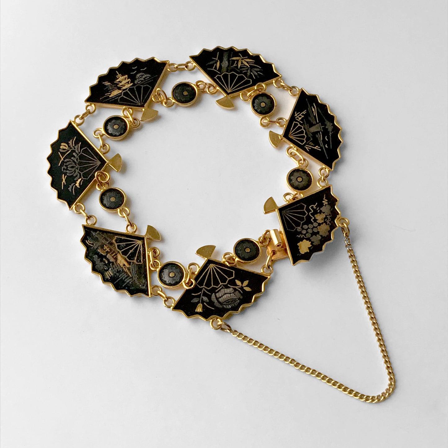 1960s Amita Japan Damascene Fan Link Gold-Filled Bracelet