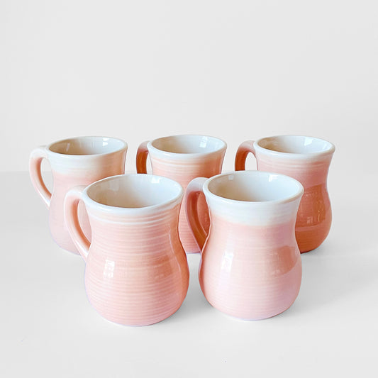 5 Piece 1980s Pink and White Ceramic Pottery Cups Set