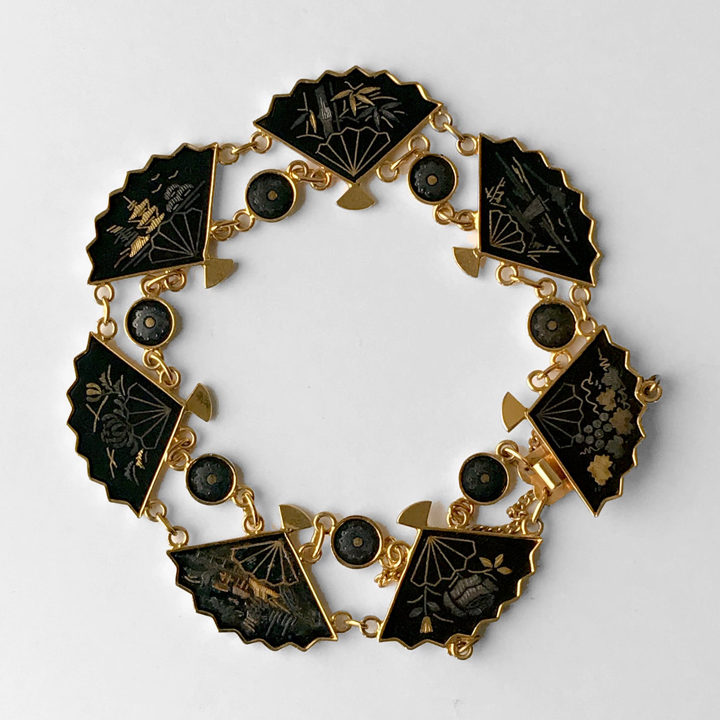 1960s Amita Japan Damascene Fan Link Gold-Filled Bracelet