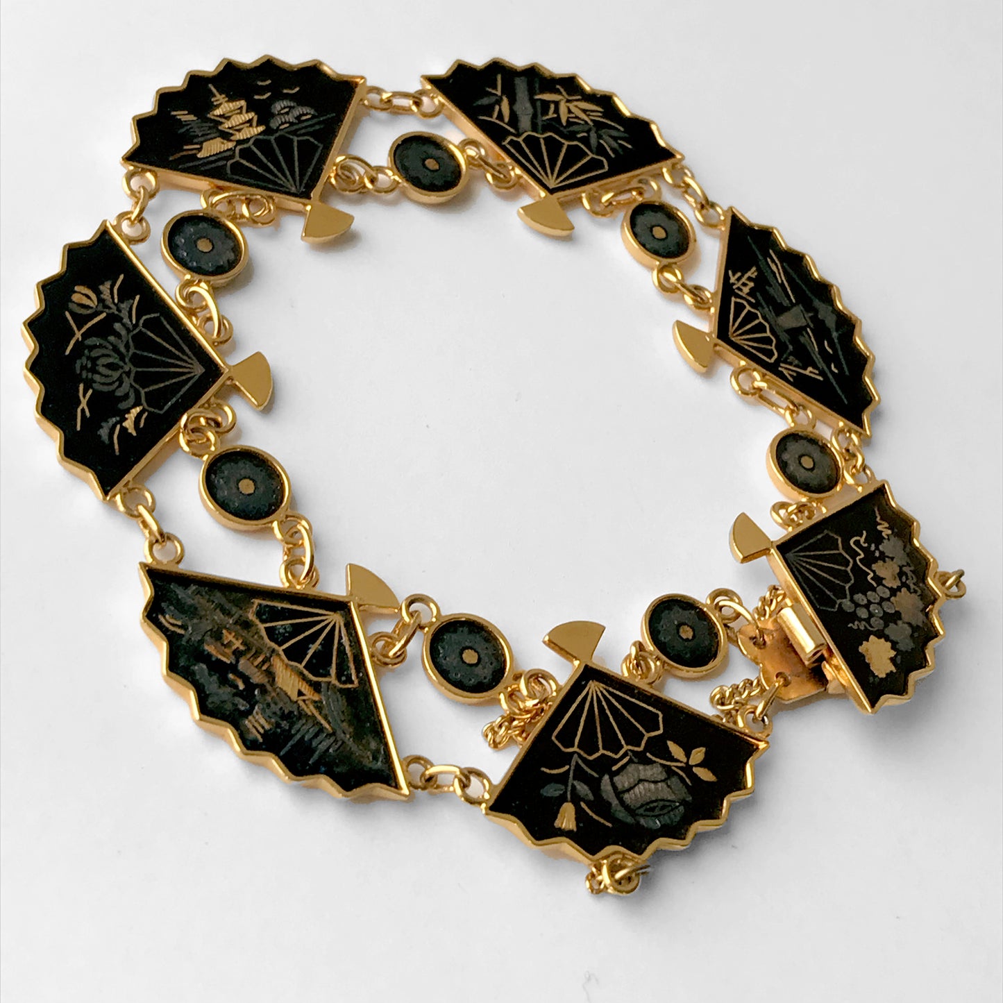 1960s Amita Japan Damascene Fan Link Gold-Filled Bracelet