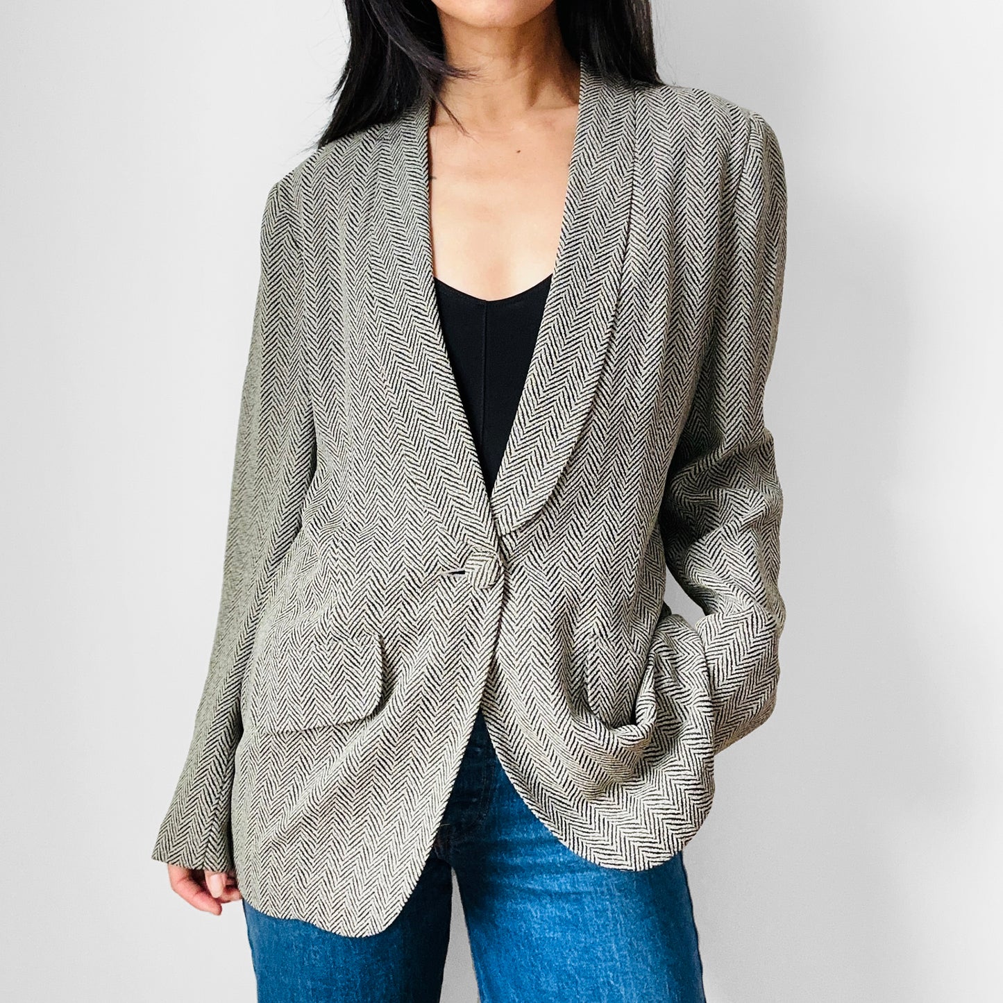 Y2K Emmelle NYC Black and Beige Herringbone Spring Blazer Jacket - S/M