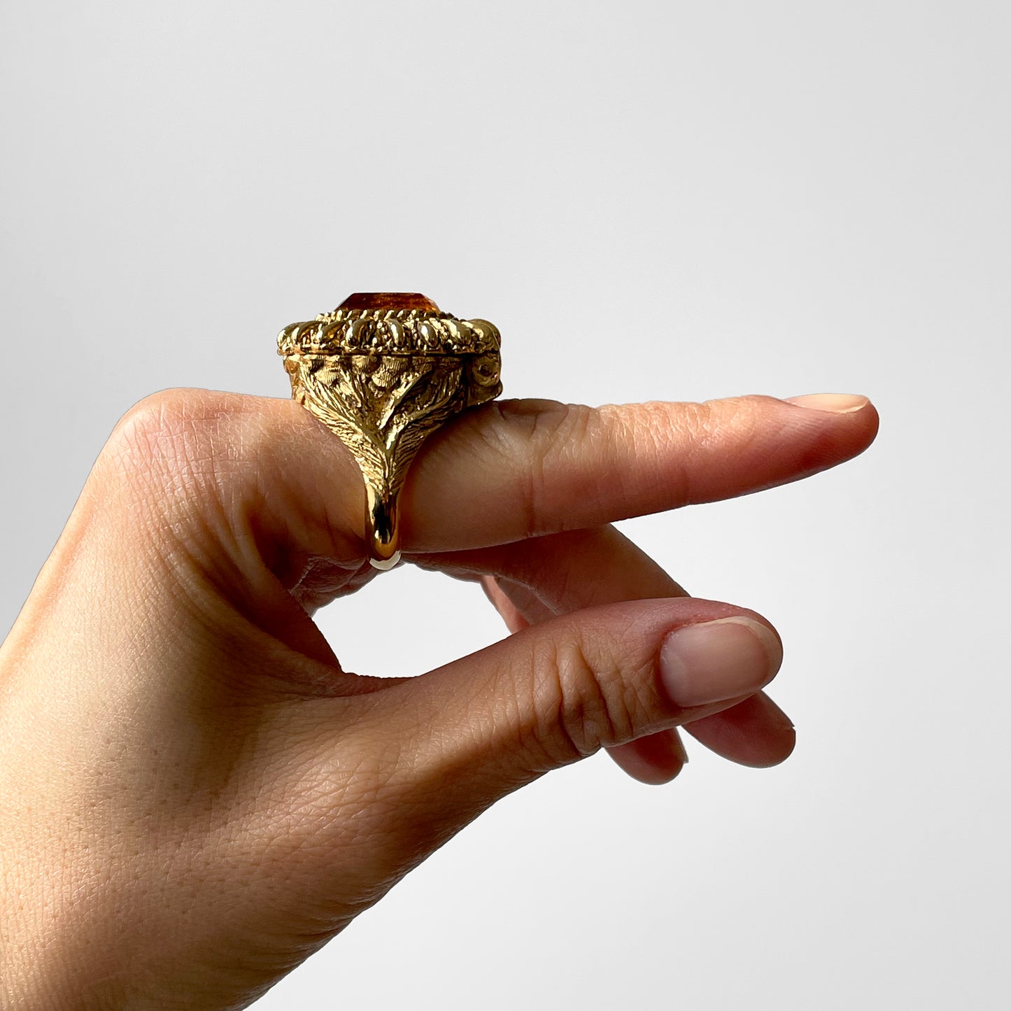 1960s Large Gold-Toned Jeweled Hinged Perfume Ring