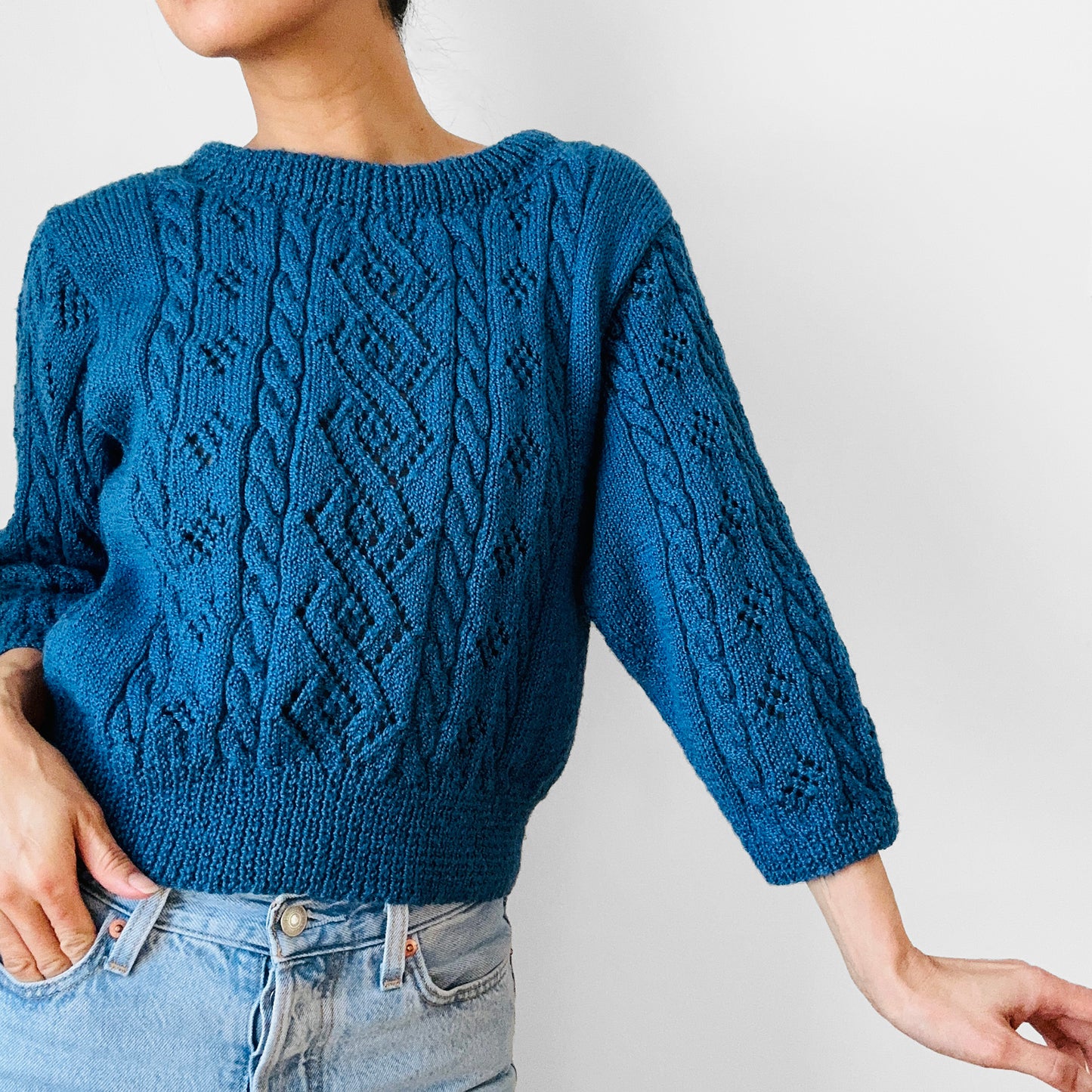 1980s Teal Blue Hand-Knit Soft Crop Three-Quarter Sleeve Knit Crew-Neck Sweater