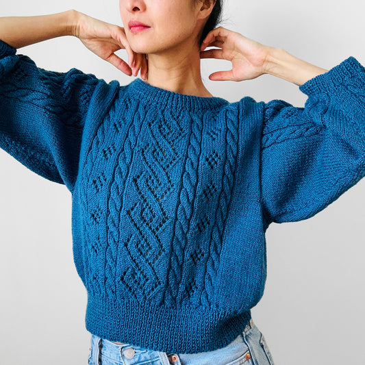 1980s Teal Blue Hand-Knit Soft Crop Three-Quarter Sleeve Knit Crew-Neck Sweater