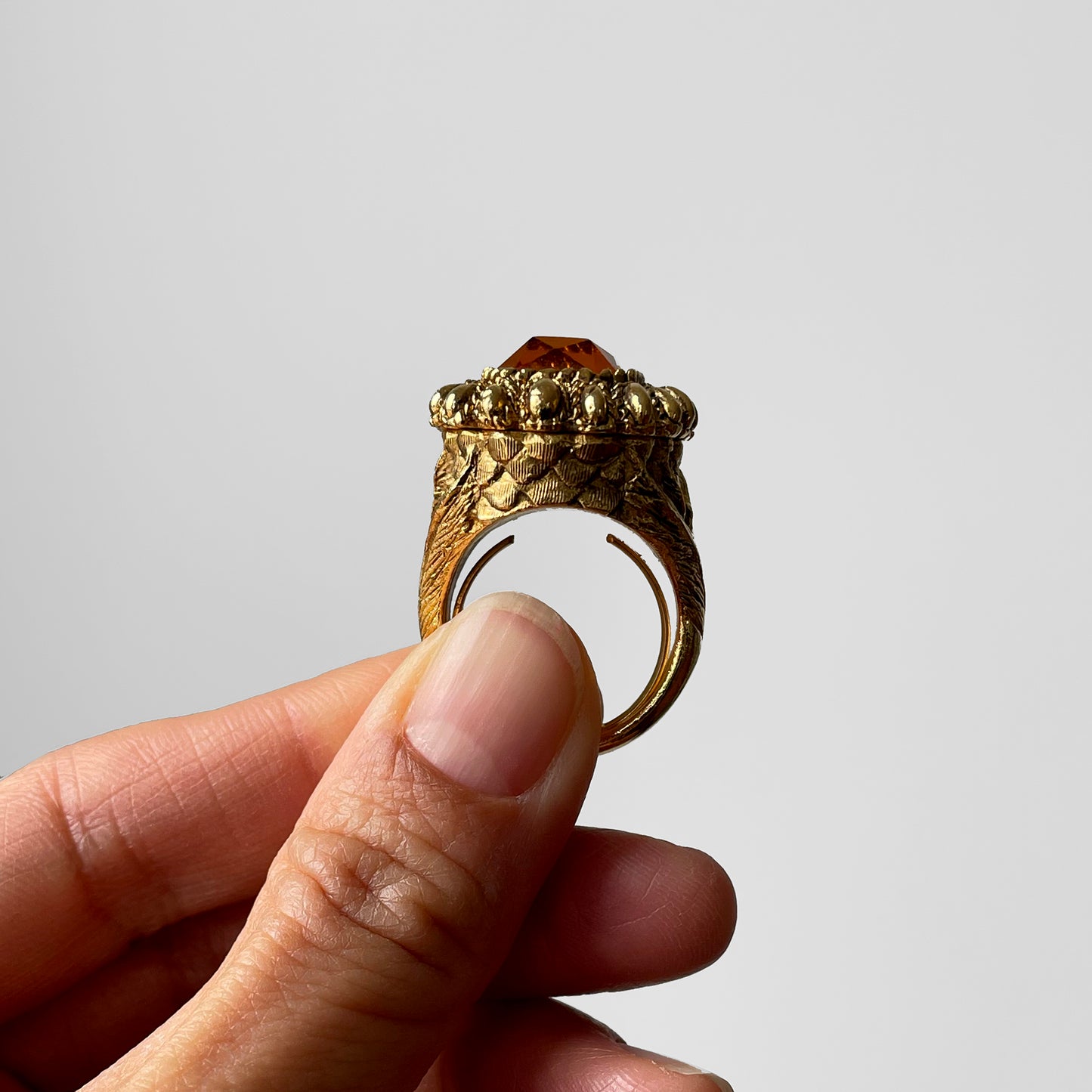 1960s Large Gold-Toned Jeweled Hinged Perfume Ring