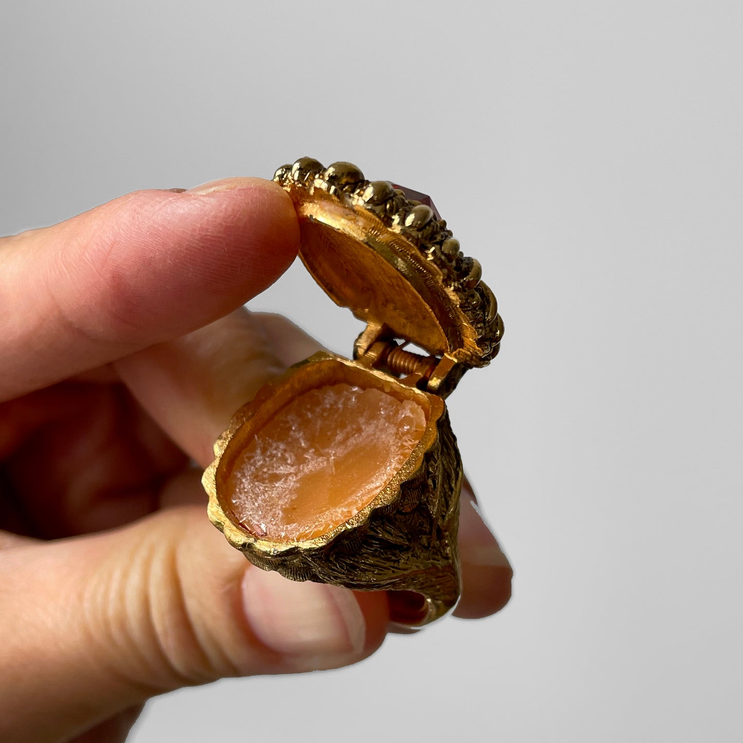 1960s Large Gold-Toned Jeweled Hinged Perfume Ring