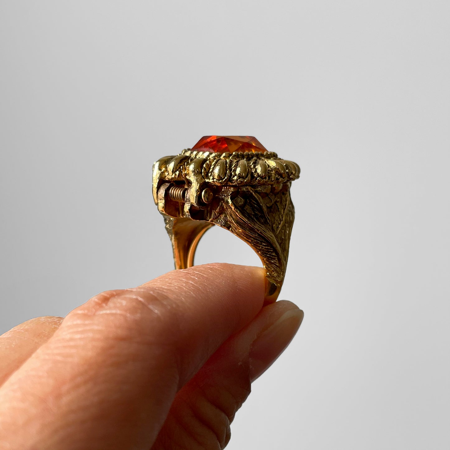 1960s Large Gold-Toned Jeweled Hinged Perfume Ring