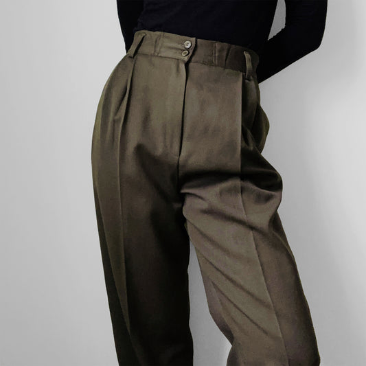 1980s Harve Bernard Olive Brown High-Waisted Pleated Tapered Leg Lined Trousers - Waist 24-27.5