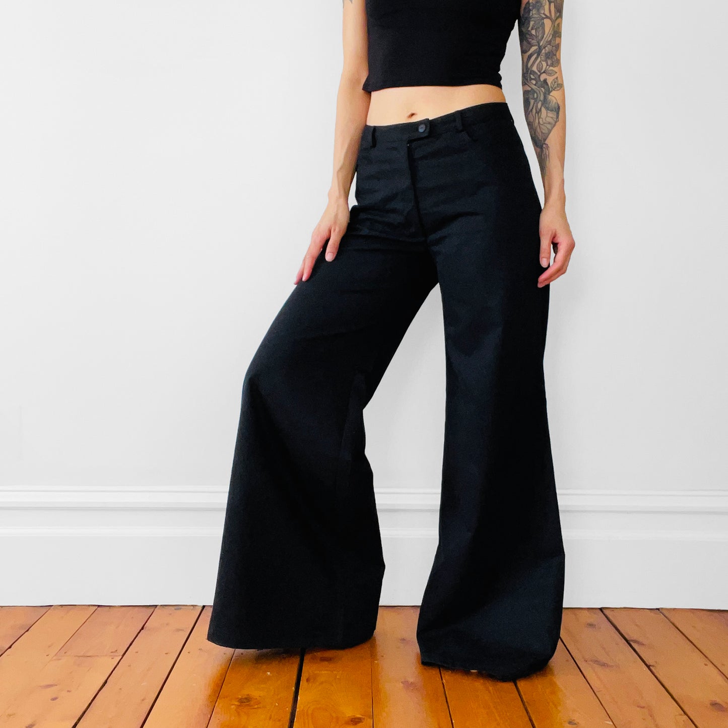 Retro Black 70s Style Wide-Legged High-Waisted Pants