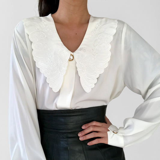 1980s Cream Winged Collared Gold Button Long Sleeve Blouse