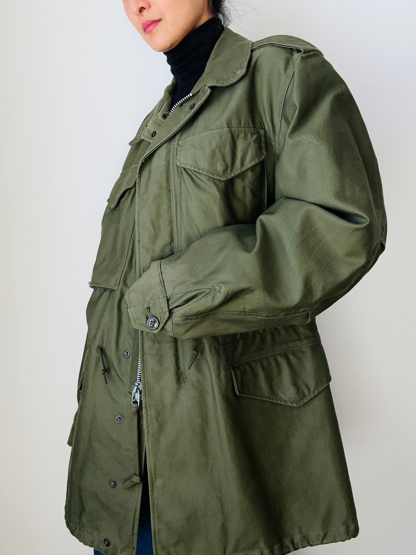 1950s Made in Canada Army Green Military Lined Zip Front Snap Button Field Jacket - M/L