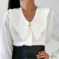1980s Cream Winged Collared Gold Button Long Sleeve Blouse