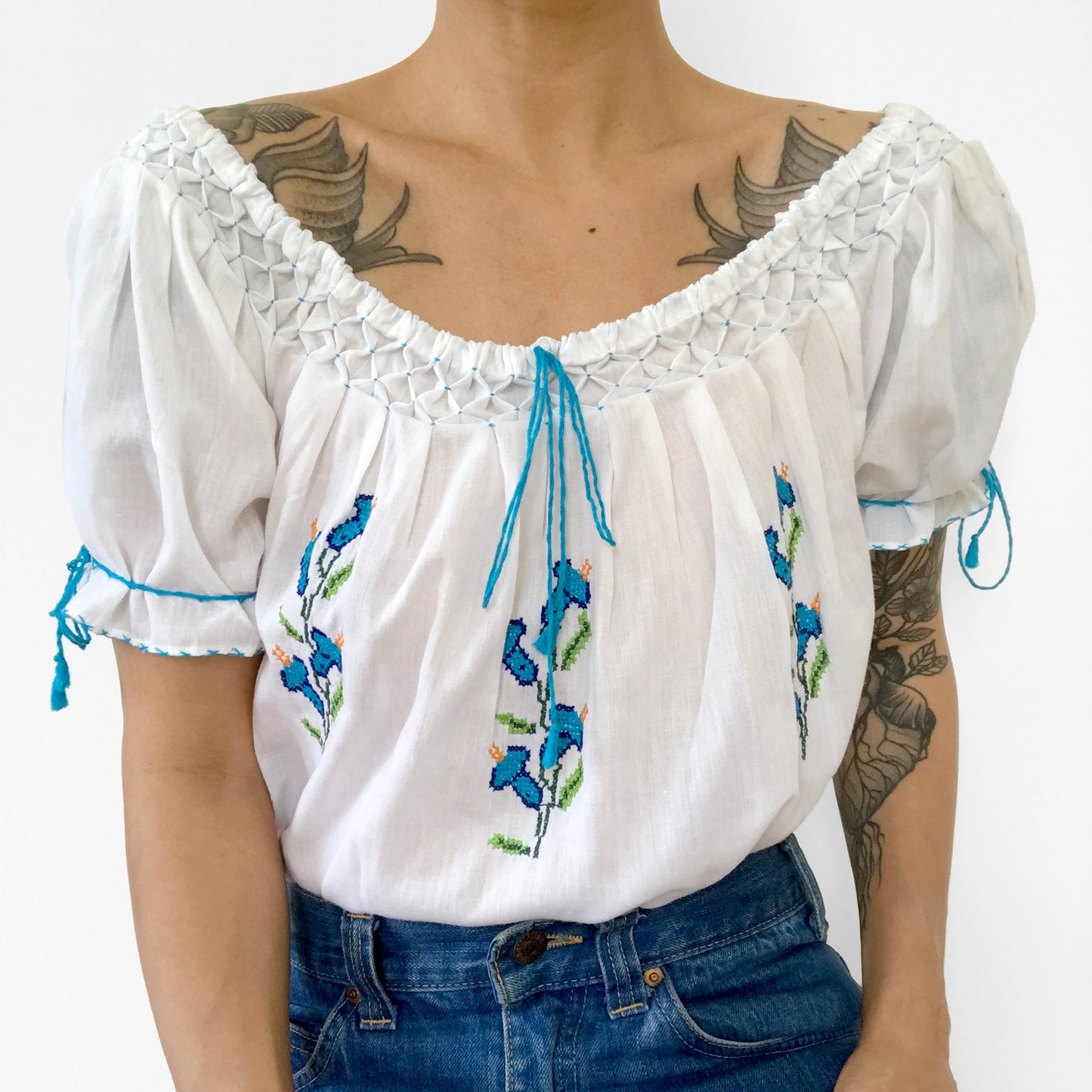 1970s White and Blue Floral Cross-Stitched Puff-Sleeve Handmade Summer Top