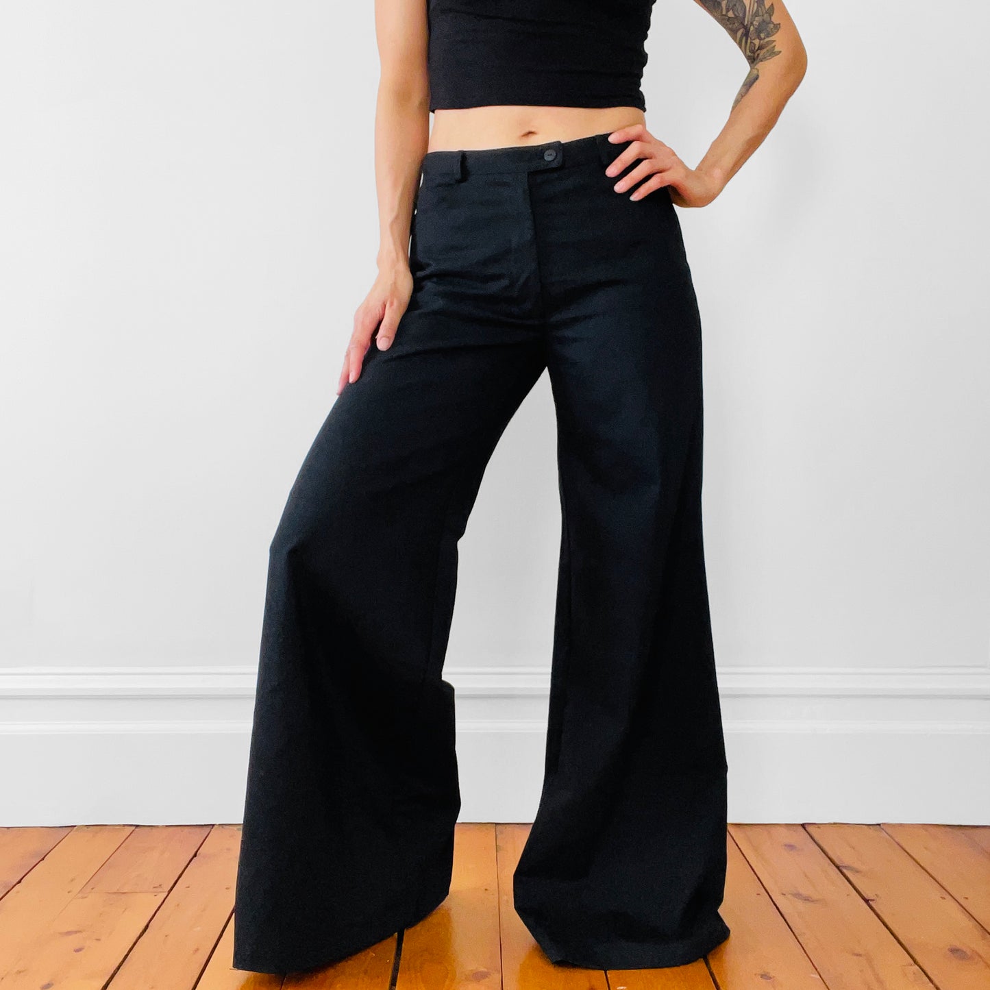 Retro Black 70s Style Wide-Legged High-Waisted Pants