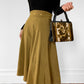 1980s Moss Yellow High-Waisted Fit and Flare Midi-Length Skirt