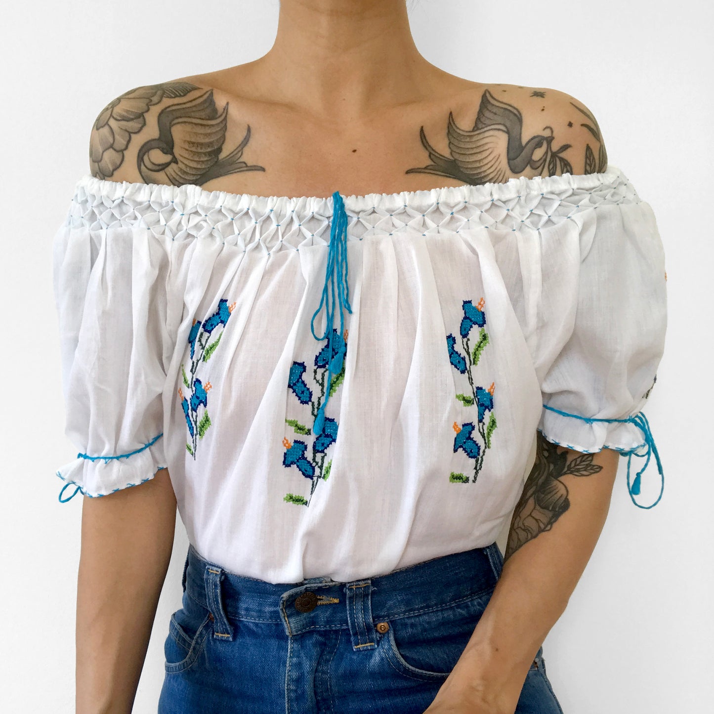 1970s White and Blue Floral Cross-Stitched Puff-Sleeve Handmade Summer Top