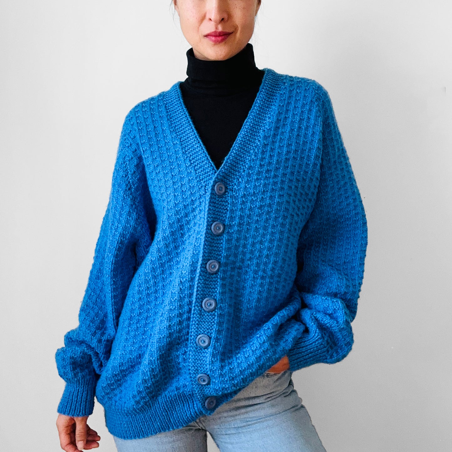 1980s Sky Blue Relaxed Fit Soft Waffle Textured Knit Cardigan Sweater