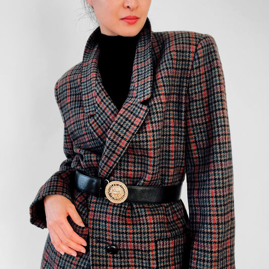 1980s Wool Mixed Tone Houndstooth Plaid Blazer Jacket