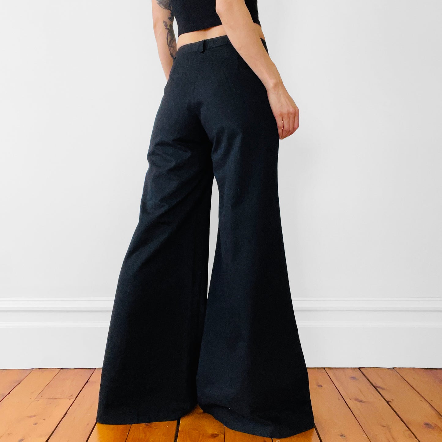 Retro Black 70s Style Wide-Legged High-Waisted Pants