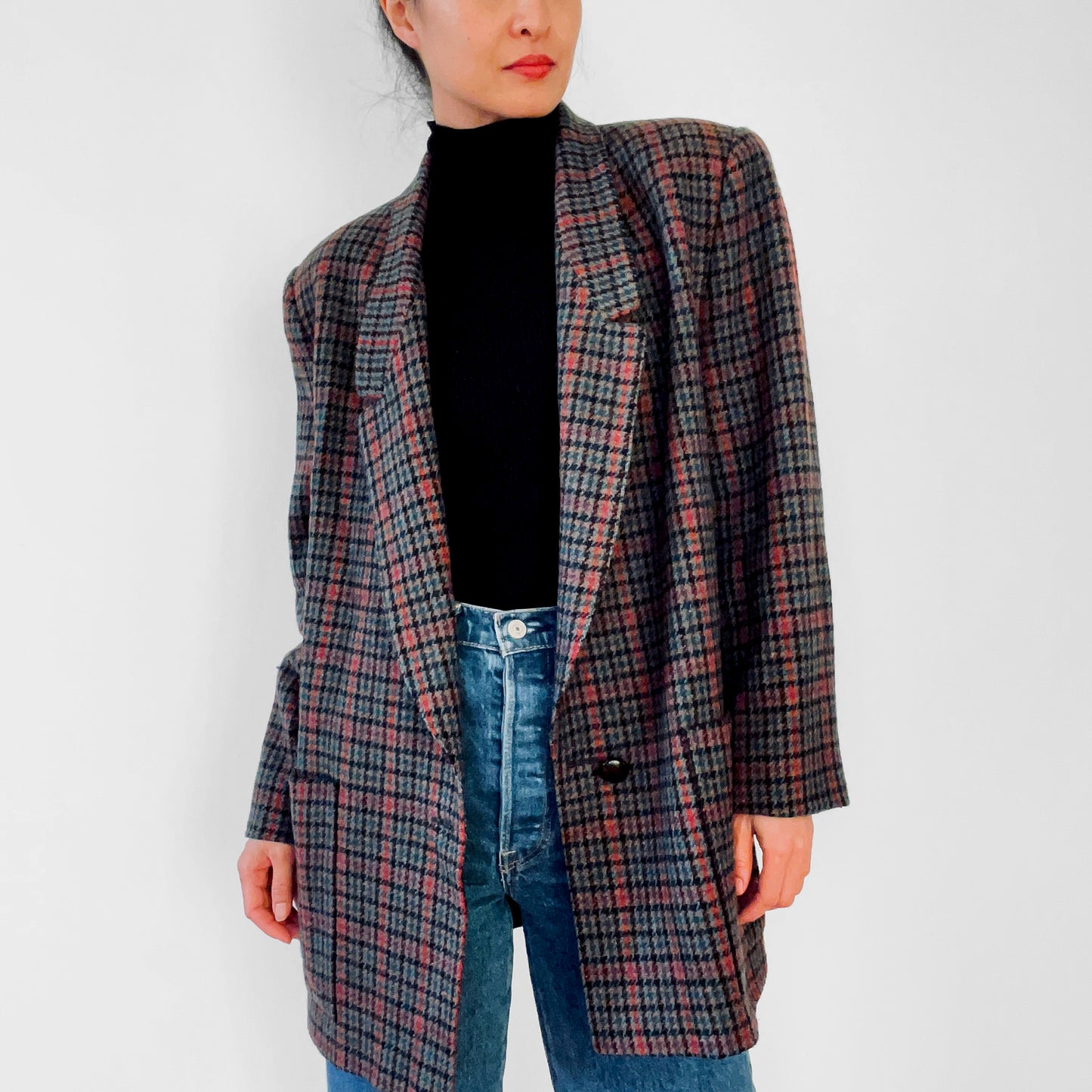 1980s Wool Mixed Tone Houndstooth Plaid Blazer Jacket