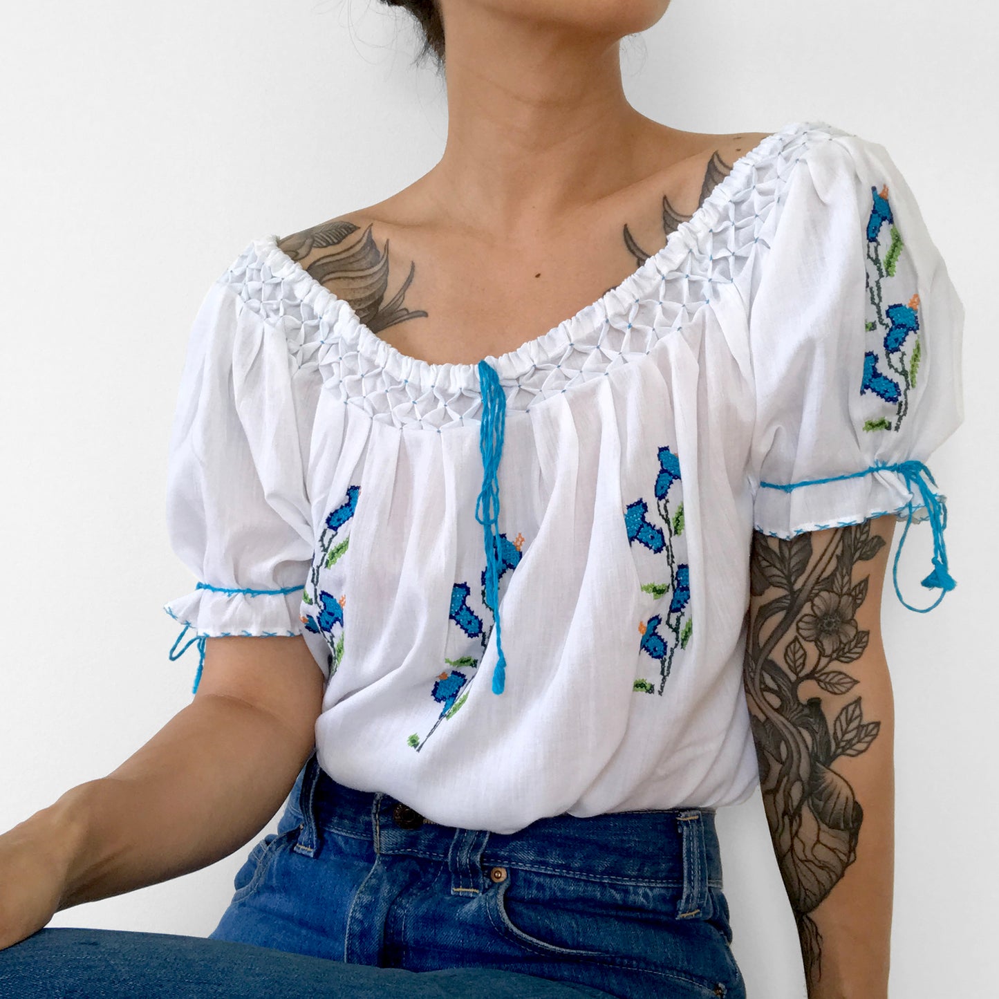 1970s White and Blue Floral Cross-Stitched Puff-Sleeve Handmade Summer Top