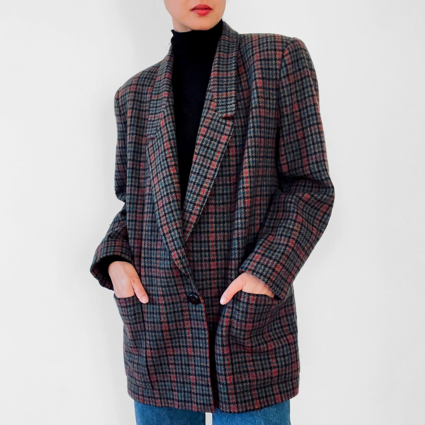 1980s Wool Mixed Tone Houndstooth Plaid Blazer Jacket