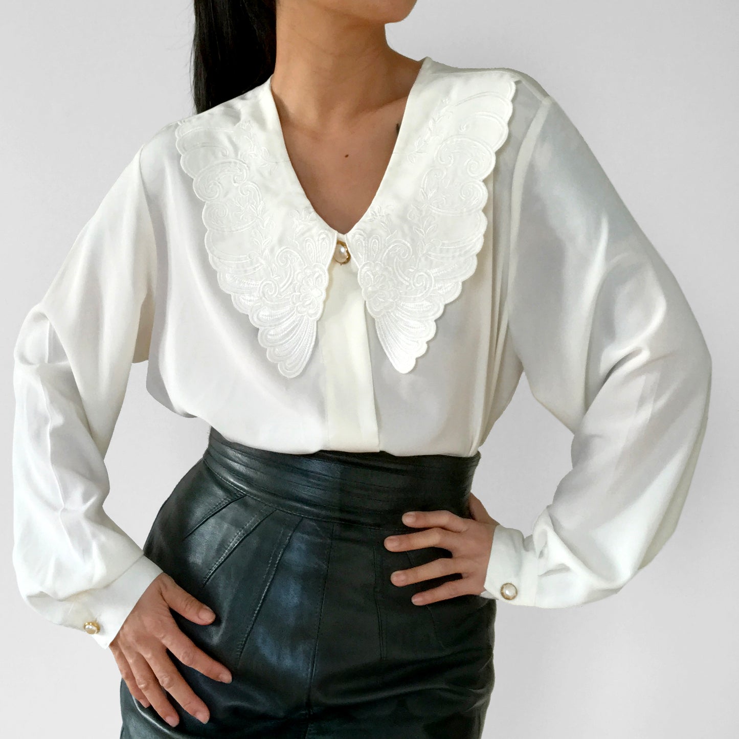 1980s Cream Winged Collared Gold Button Long Sleeve Blouse