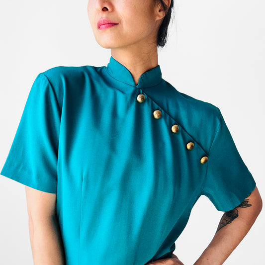 1990s Made in Canada Teal Gold Button Asian Style Cheongsam Dress - Sz. M