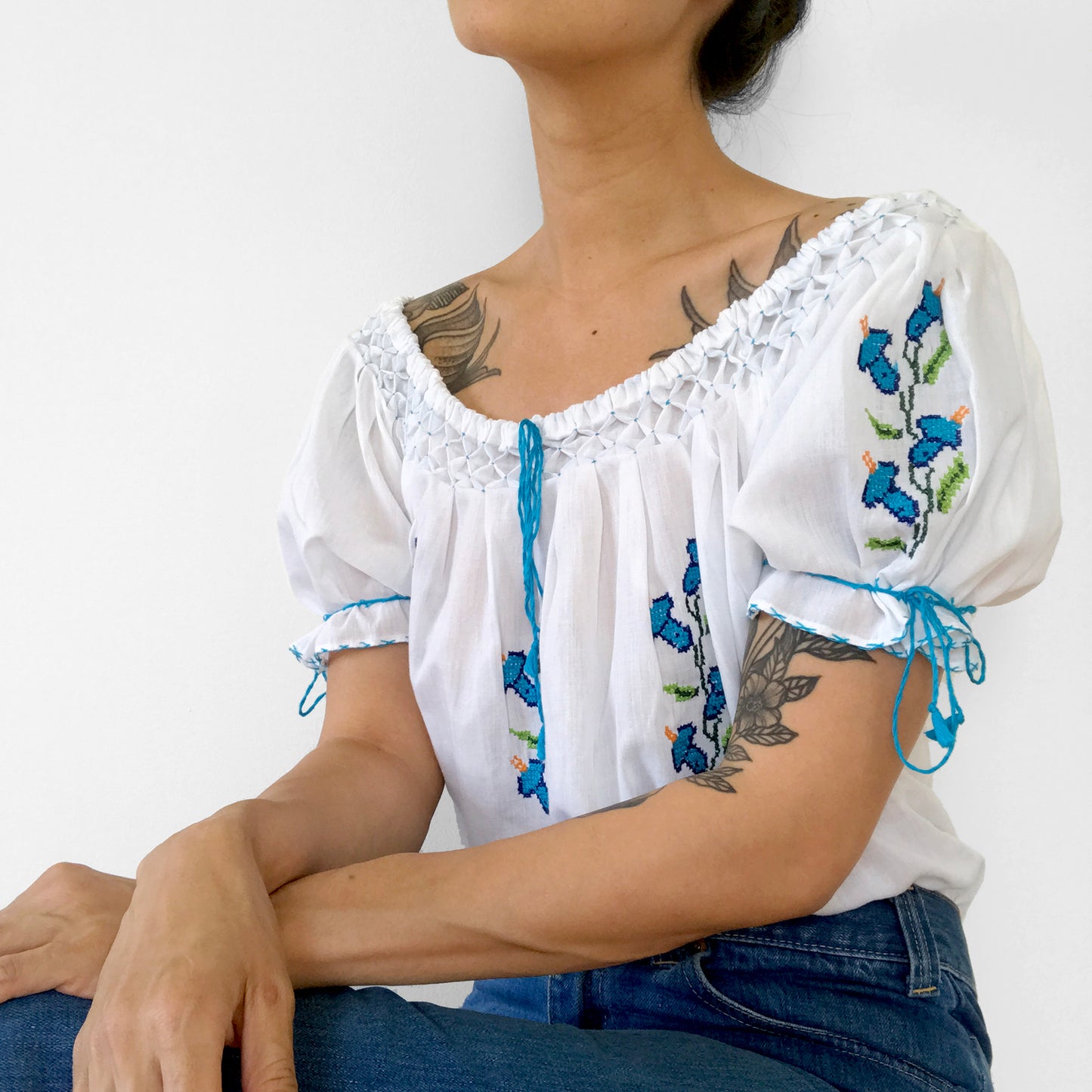 1970s White and Blue Floral Cross-Stitched Puff-Sleeve Handmade Summer Top