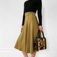 1980s Moss Yellow High-Waisted Fit and Flare Midi-Length Skirt