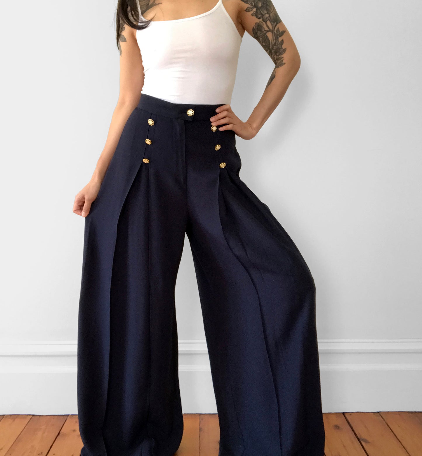 1990s Blue Naval Inspired Pleated Wide-Leg Pant