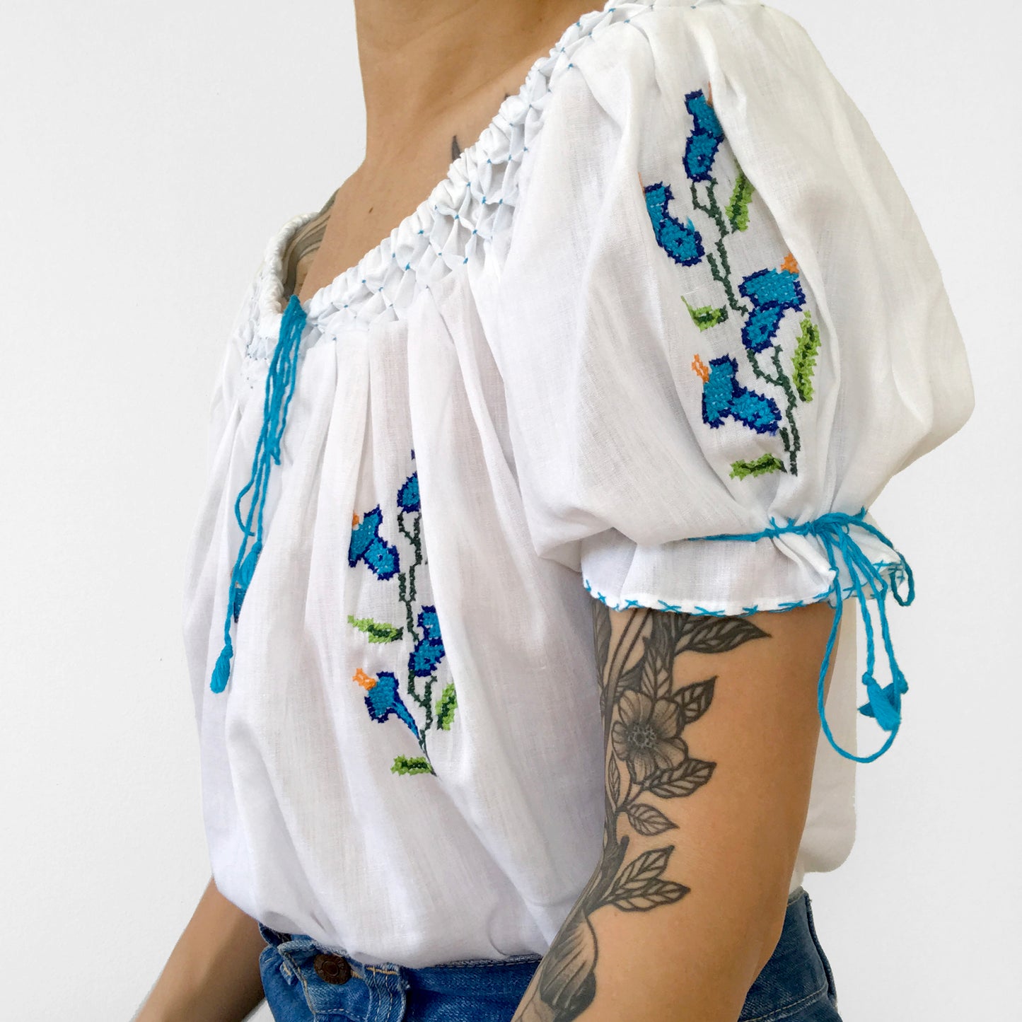 1970s White and Blue Floral Cross-Stitched Puff-Sleeve Handmade Summer Top