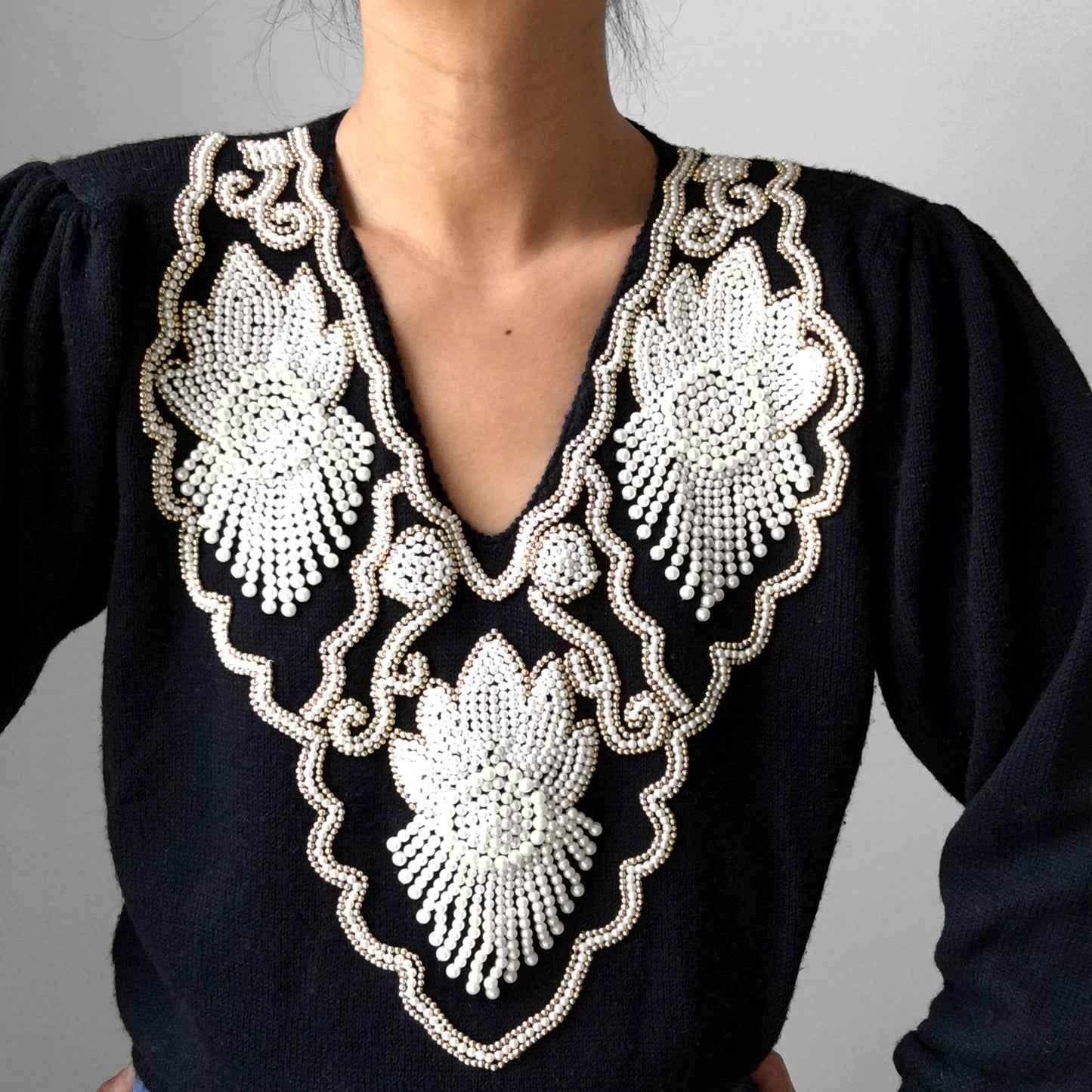 1980's Black Beaded Pleated-Shoulder Knit Top