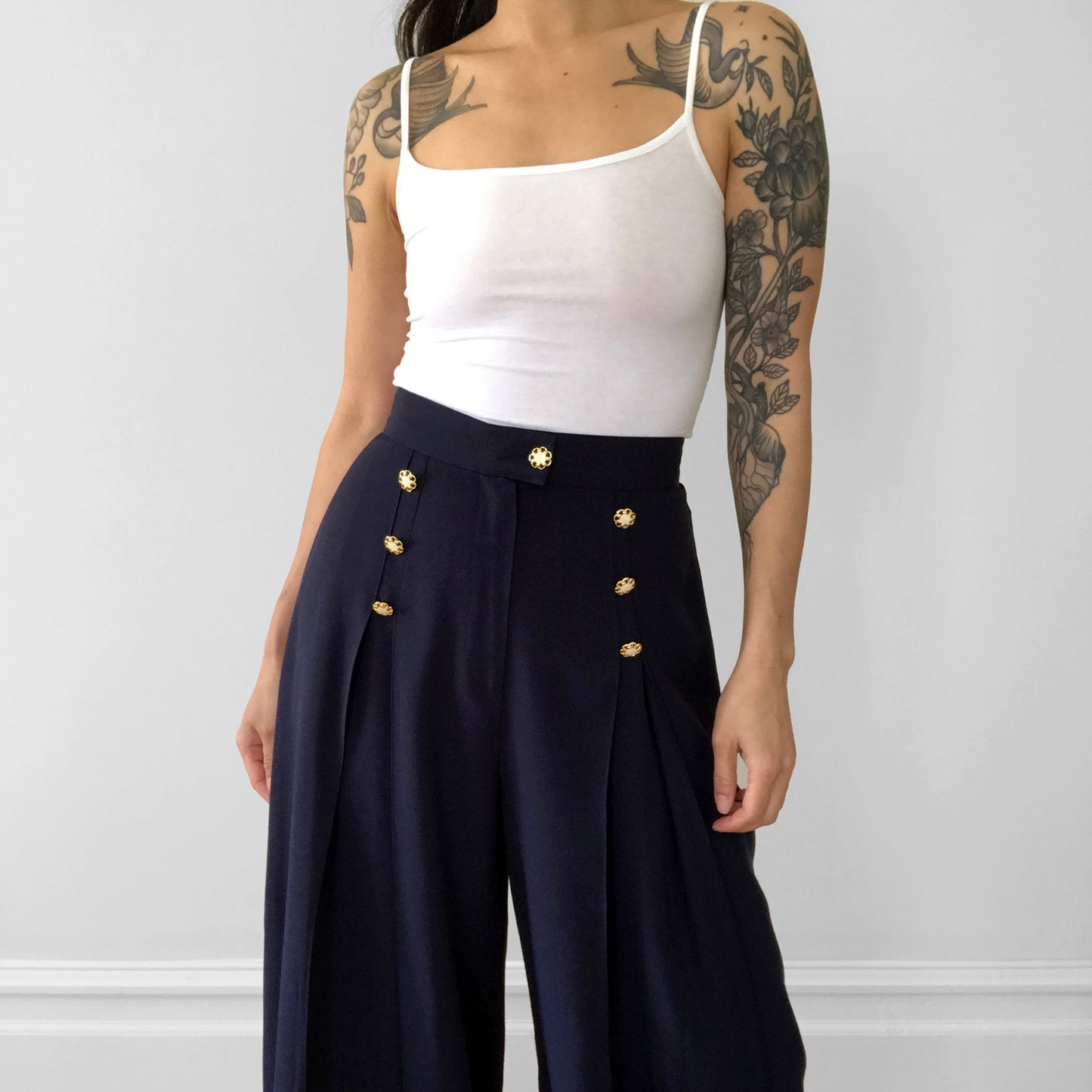 1990s Blue Naval Inspired Pleated Wide-Leg Pant