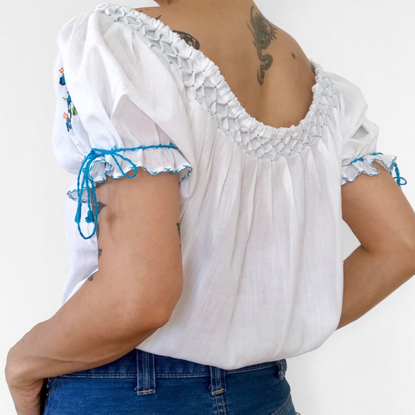 1970s White and Blue Floral Cross-Stitched Puff-Sleeve Handmade Summer Top