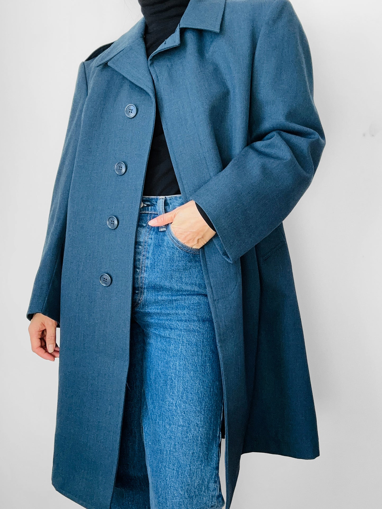 1990s Blue Air Force Quilted Lining Wool Midi-Length Coat - Sz. M