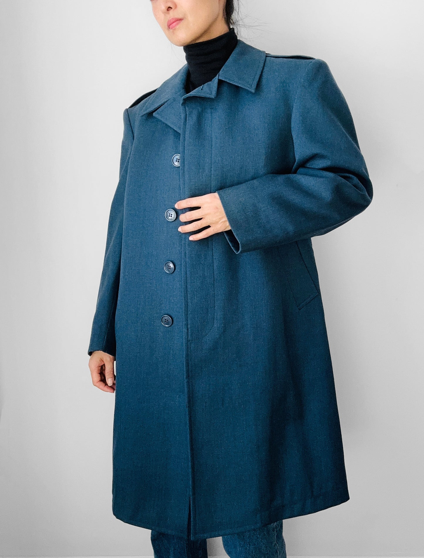 1990s Blue Air Force Quilted Lining Wool Midi-Length Coat - Sz. M