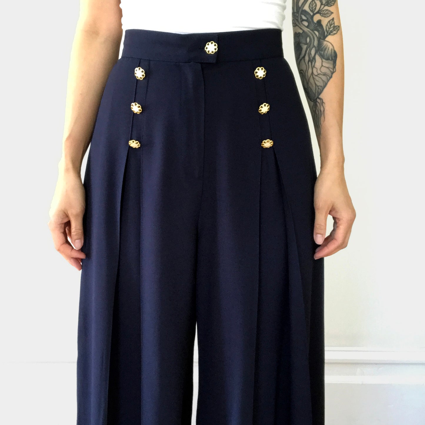 1990s Blue Naval Inspired Pleated Wide-Leg Pant