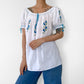1970s White and Blue Floral Cross-Stitched Puff-Sleeve Handmade Summer Top