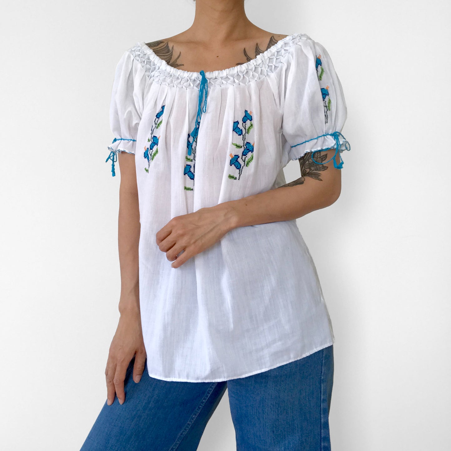 1970s White and Blue Floral Cross-Stitched Puff-Sleeve Handmade Summer Top