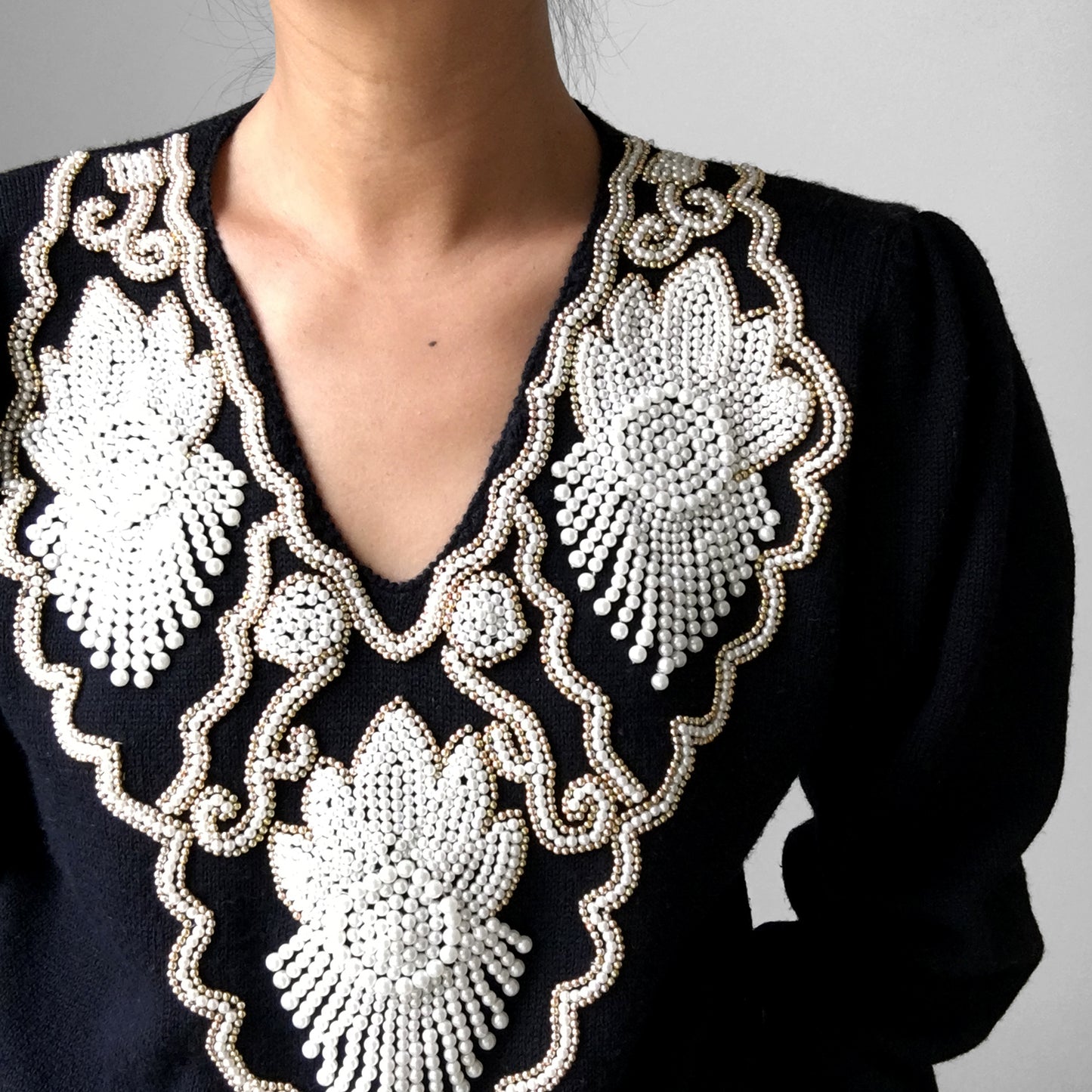 1980s Beaded Collar Pleated-Shoulder Knit Sweater Top