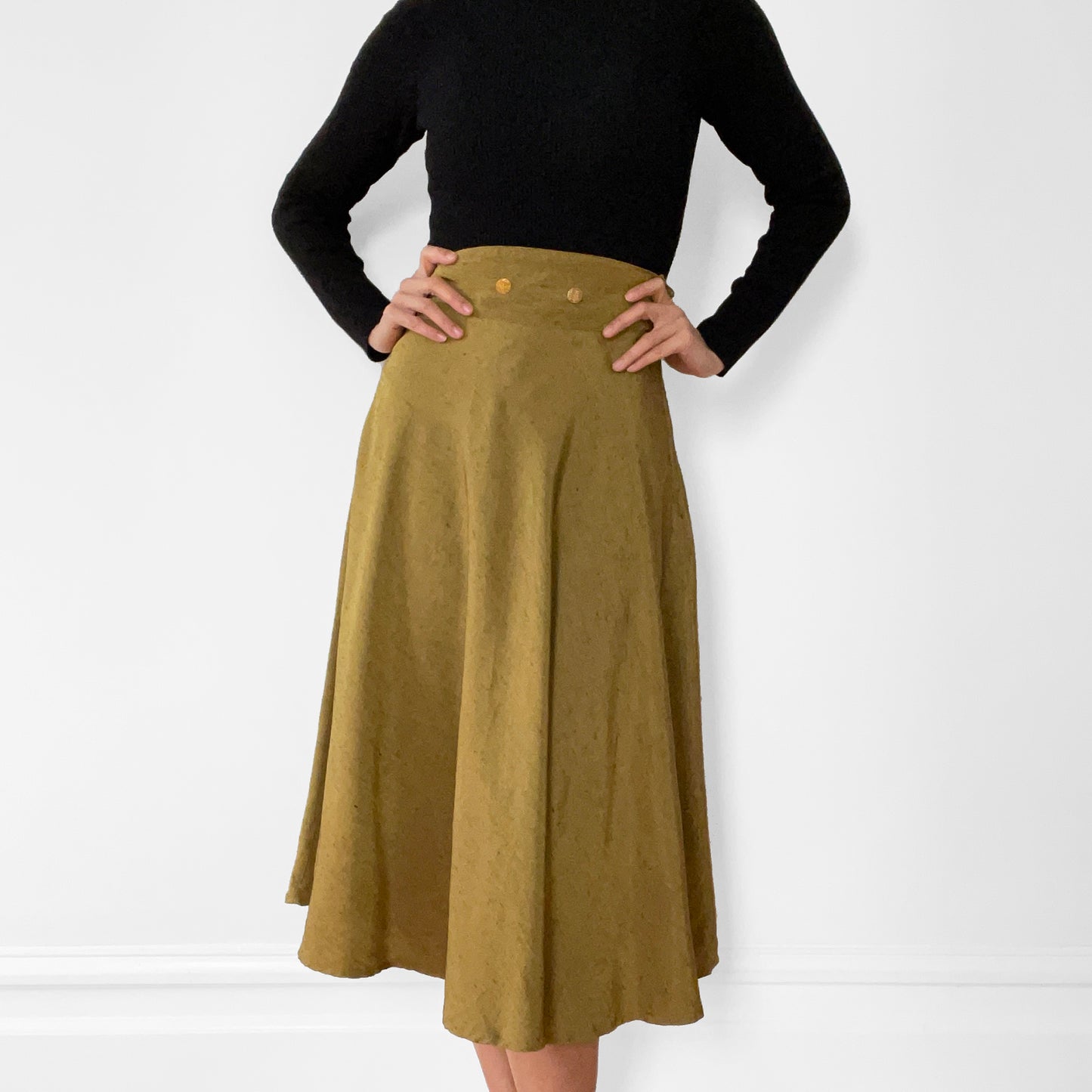 1980s Moss Yellow High-Waisted Fit and Flare Midi-Length Skirt