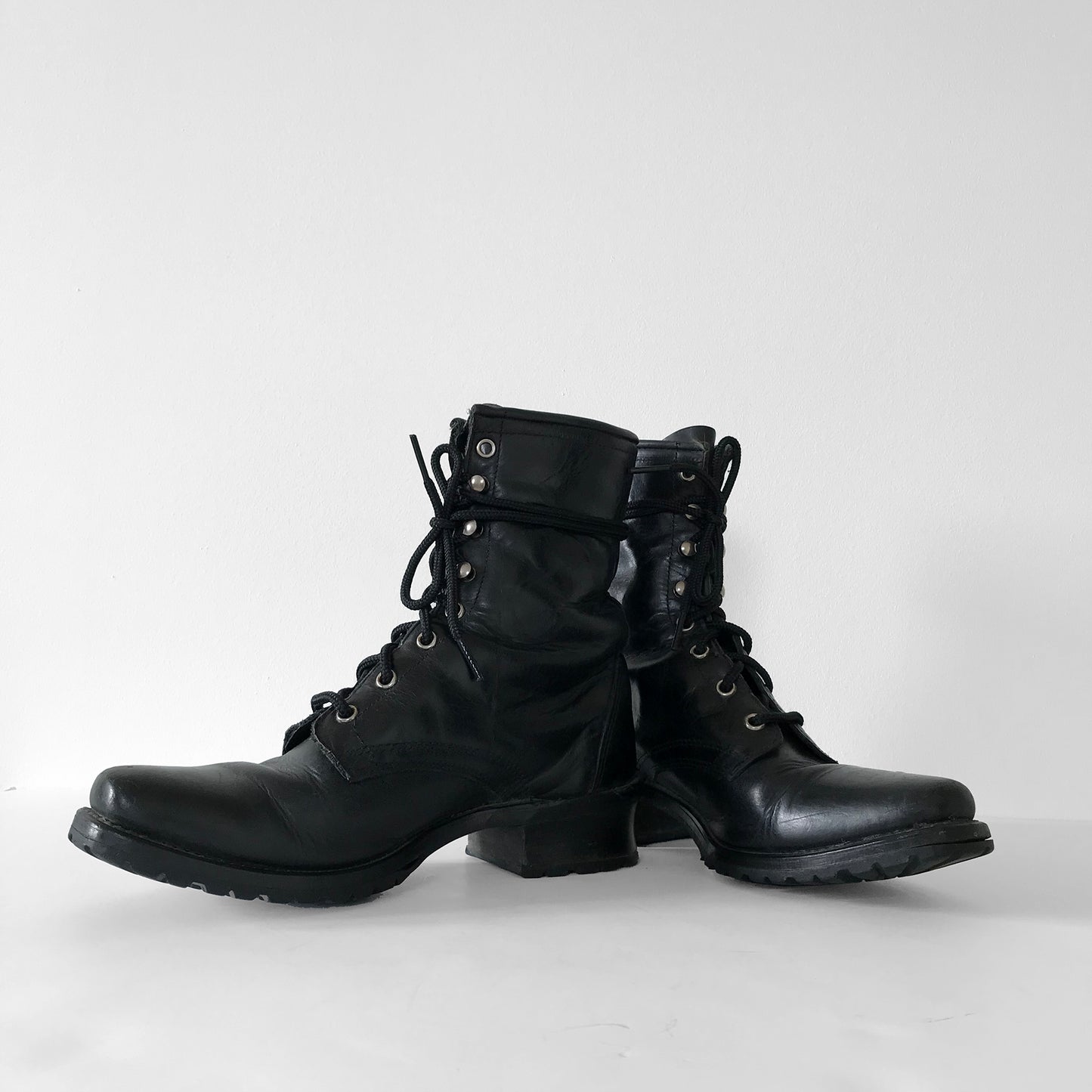 Well-Worn Black Leather Lace-Up Combat-Style Military-Style Boots