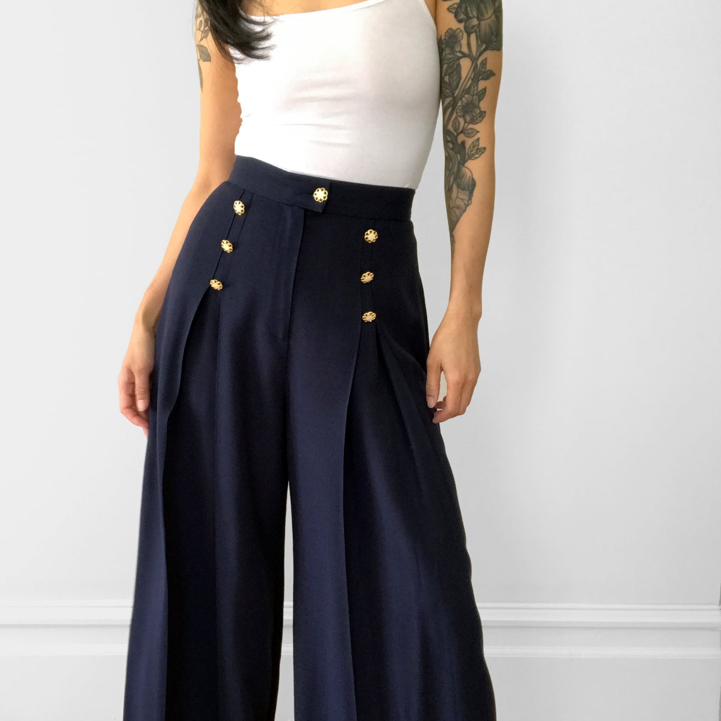 1990s Blue Naval Inspired Pleated Wide-Leg Pant