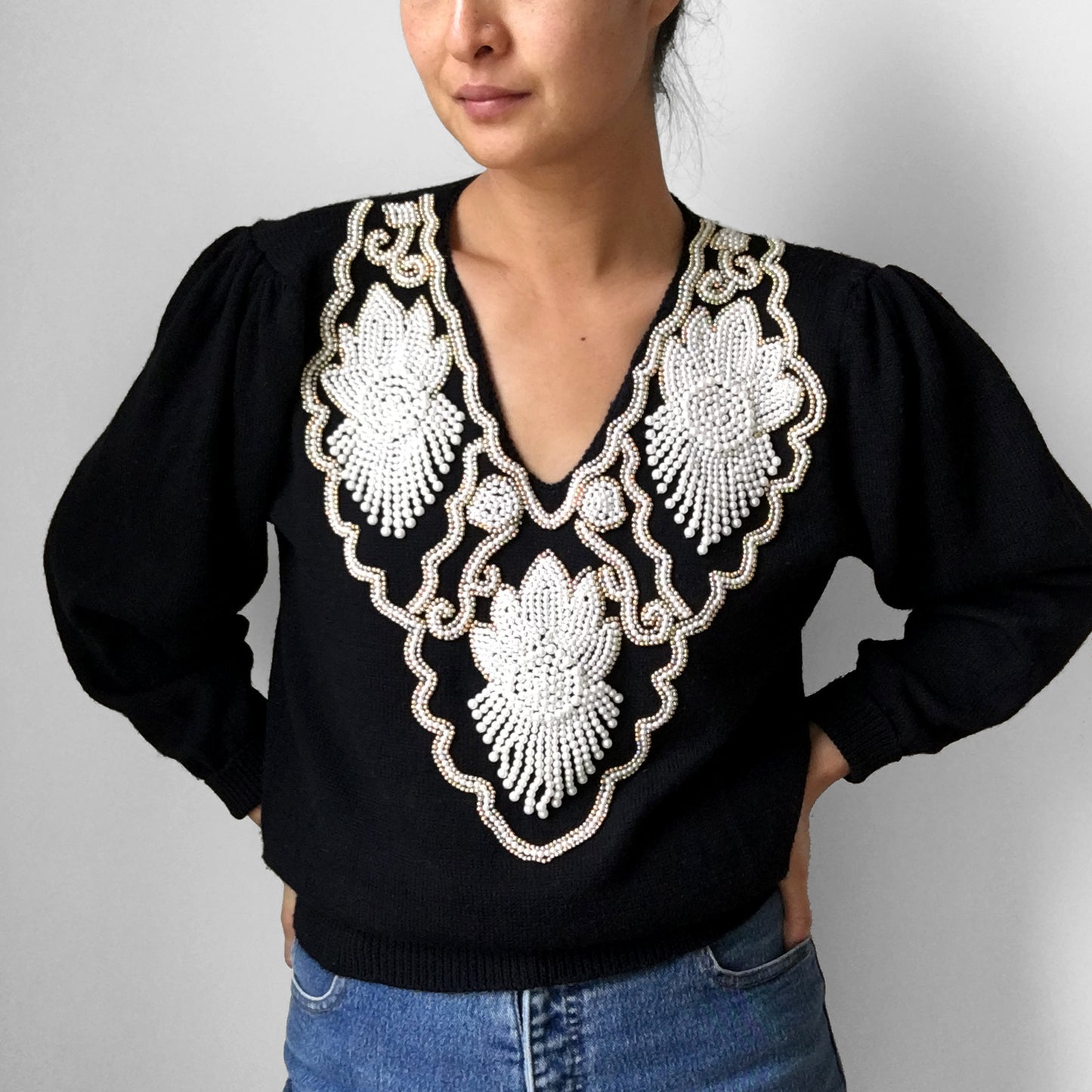 1980s Beaded Collar Pleated-Shoulder Knit Sweater Top