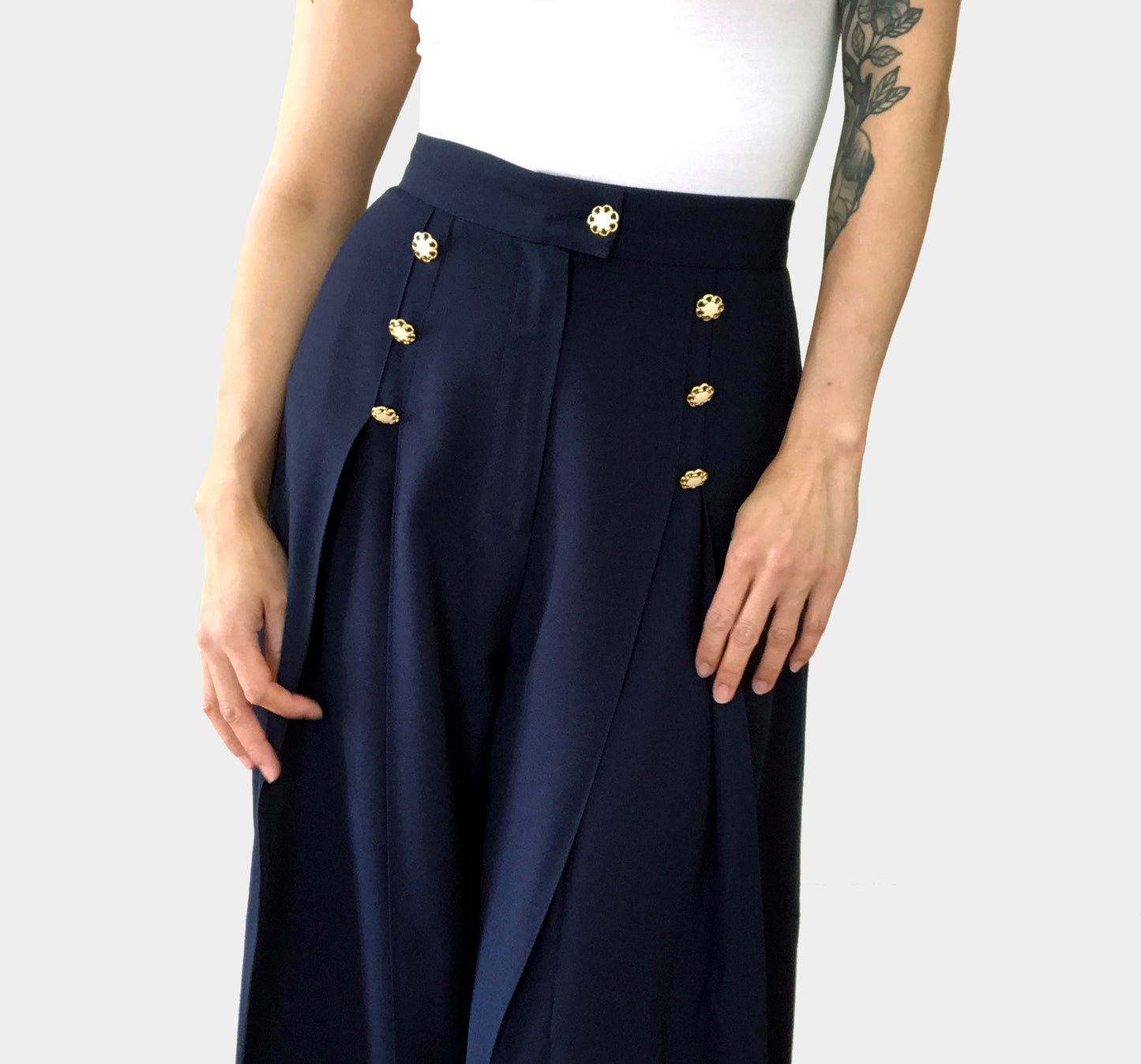 1990s Blue Naval Inspired Pleated Wide-Leg Pant