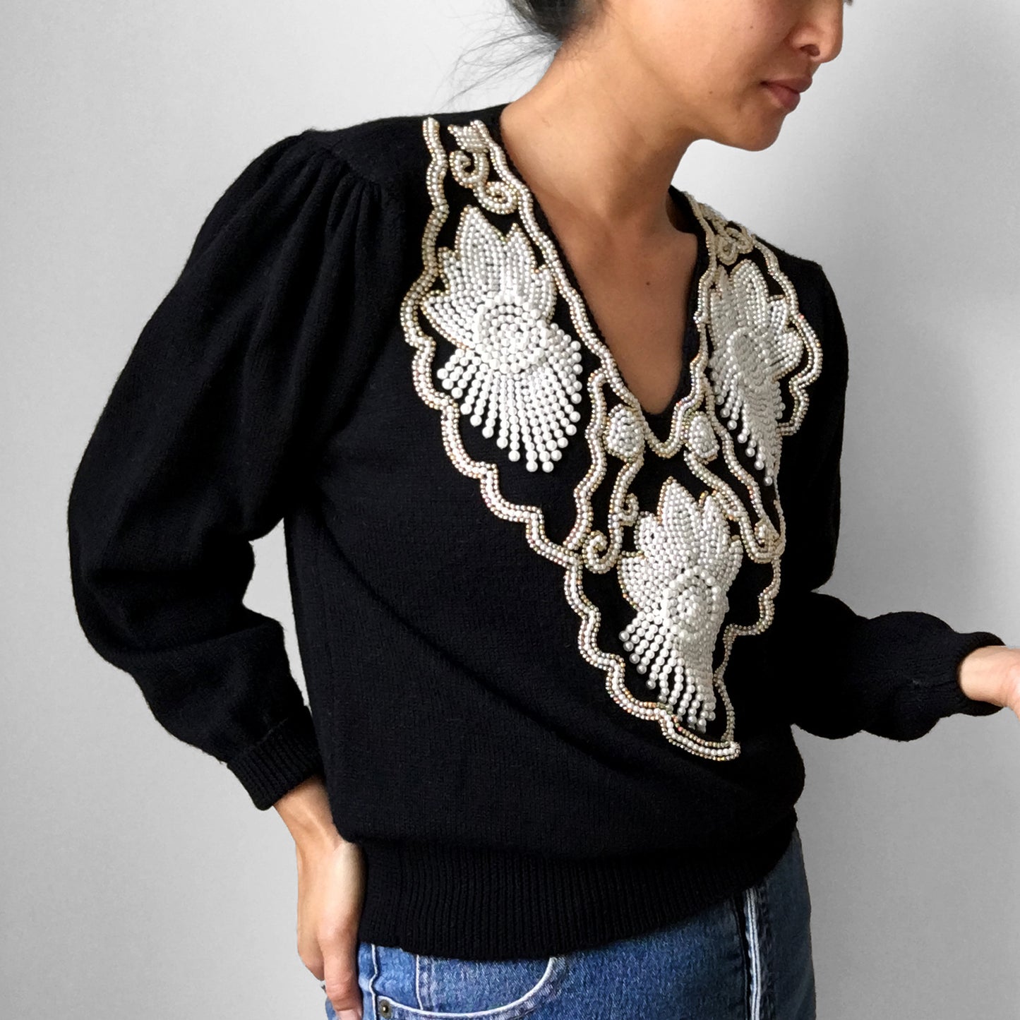 1980s Beaded Collar Pleated-Shoulder Knit Sweater Top